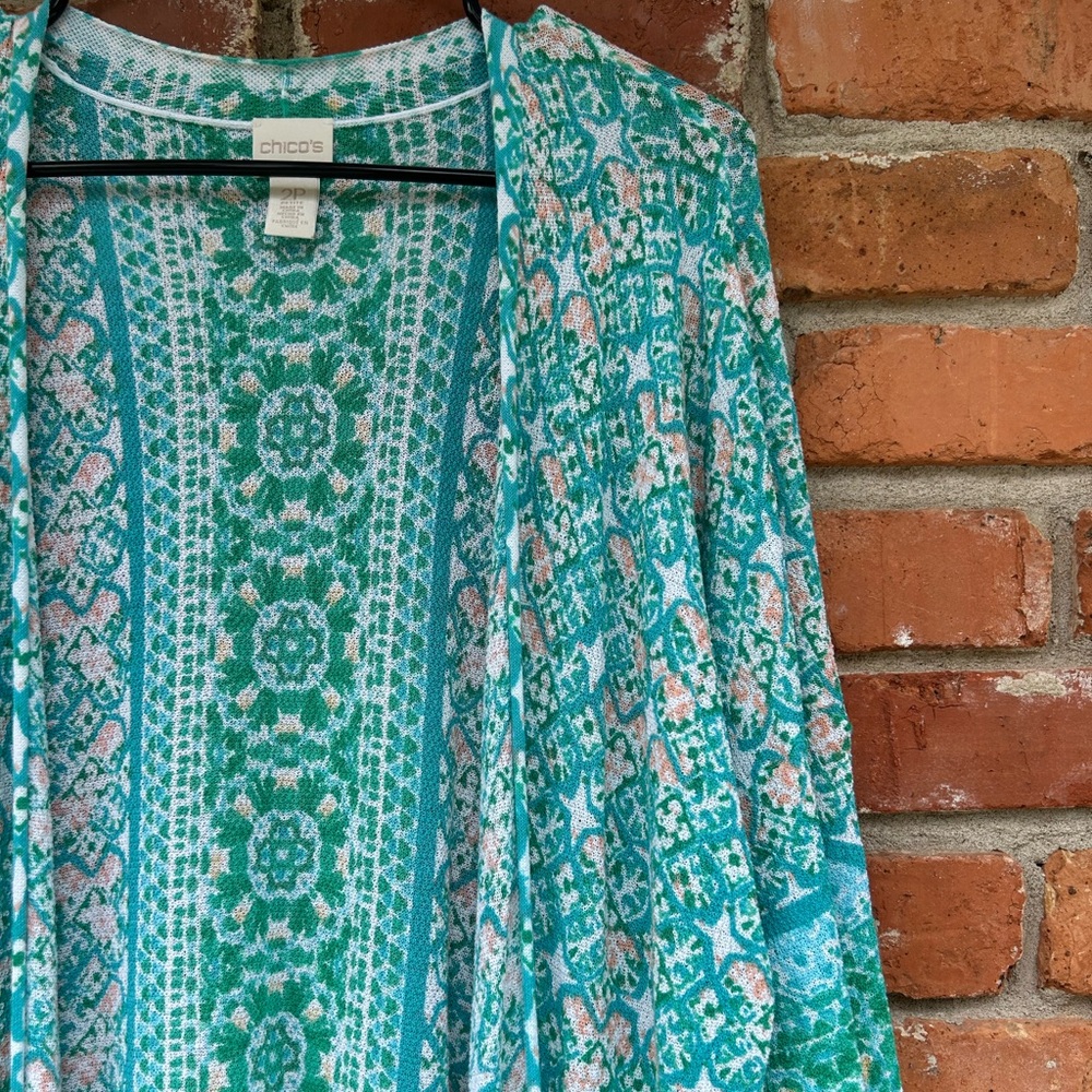 Chico's Teal & White Printed Open Cardigan with Striped Tee - Picture 7 of 8